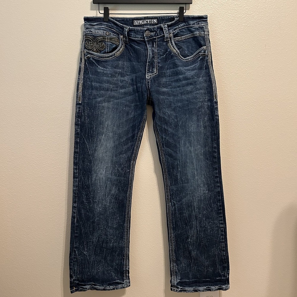 Affliction Cooper Men's Jeans 36 Regular Embroidered Distressed Straight Blue